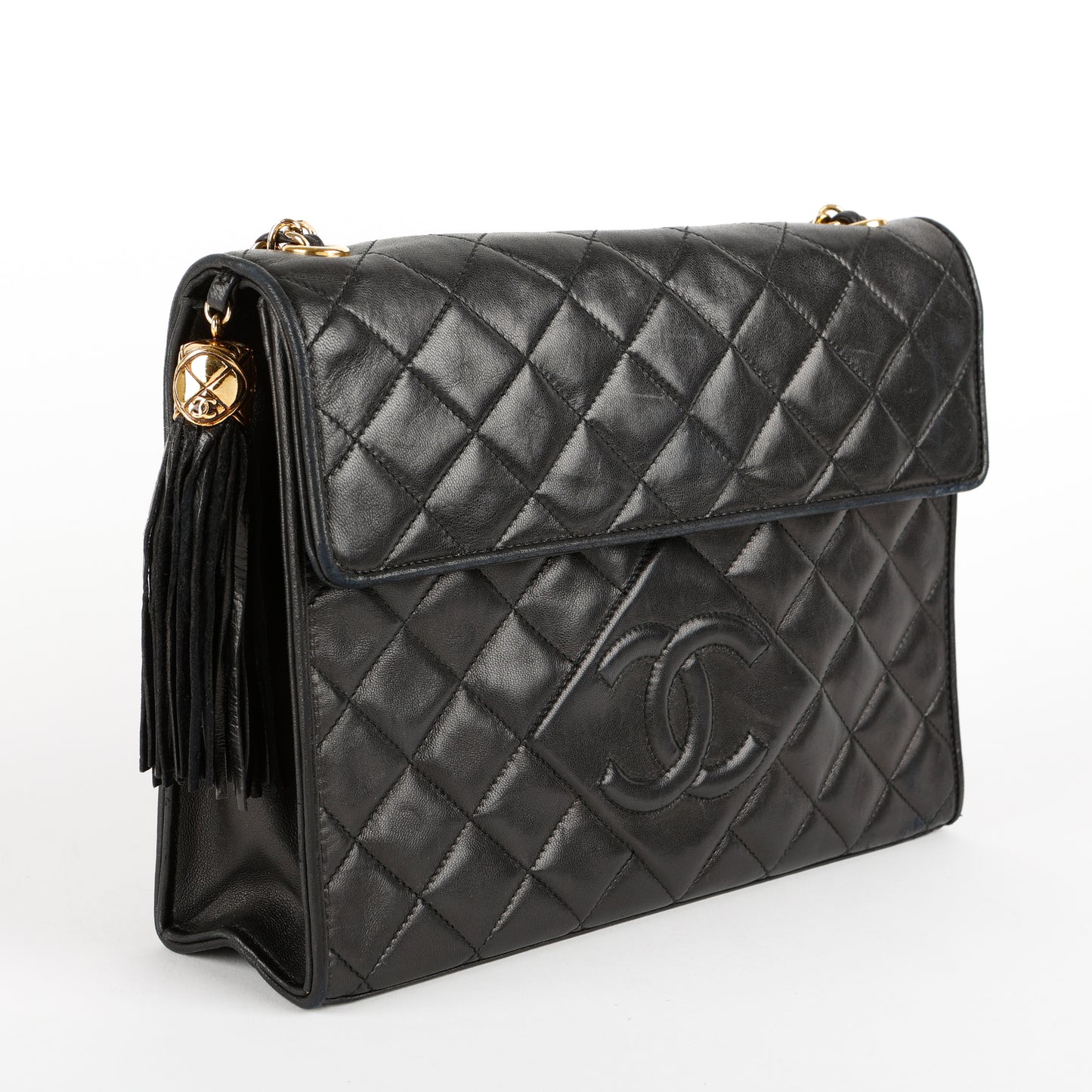 Quilted Tassel Shoulder Bag, Black Lambskin