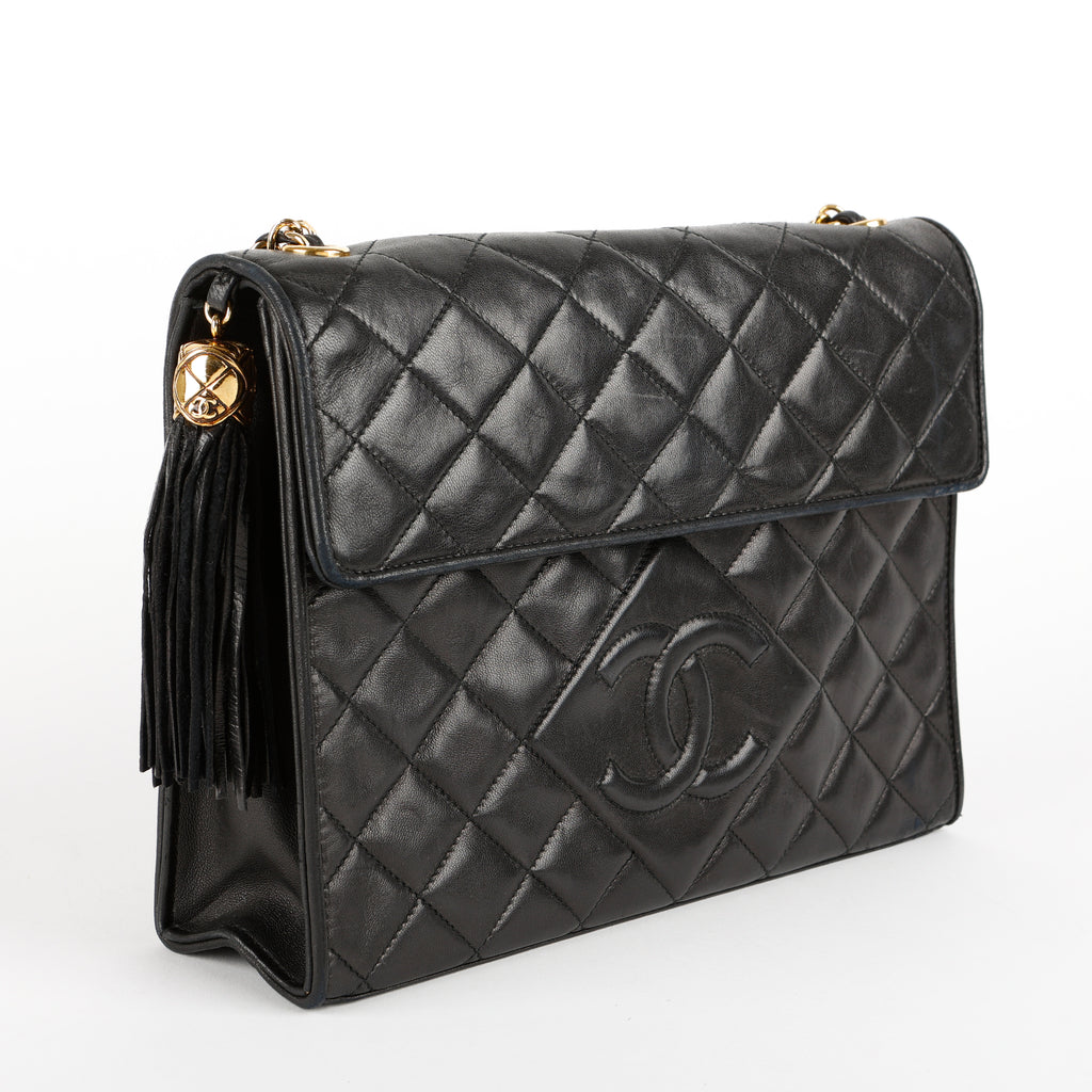 Quilted Tassel Shoulder Bag, Black Lambskin