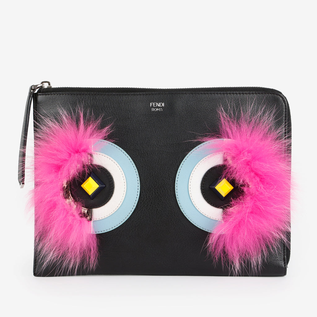 Monster Bug Eye Zip Clutch, Black/Muticolor/Snake Accents