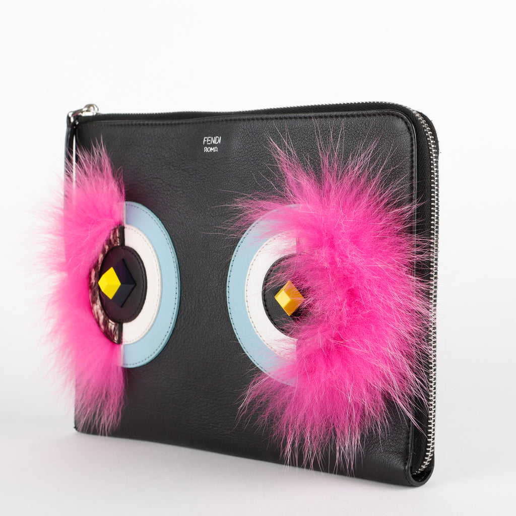 Monster Bug Eye Zip Clutch, Black/Muticolor/Snake Accents