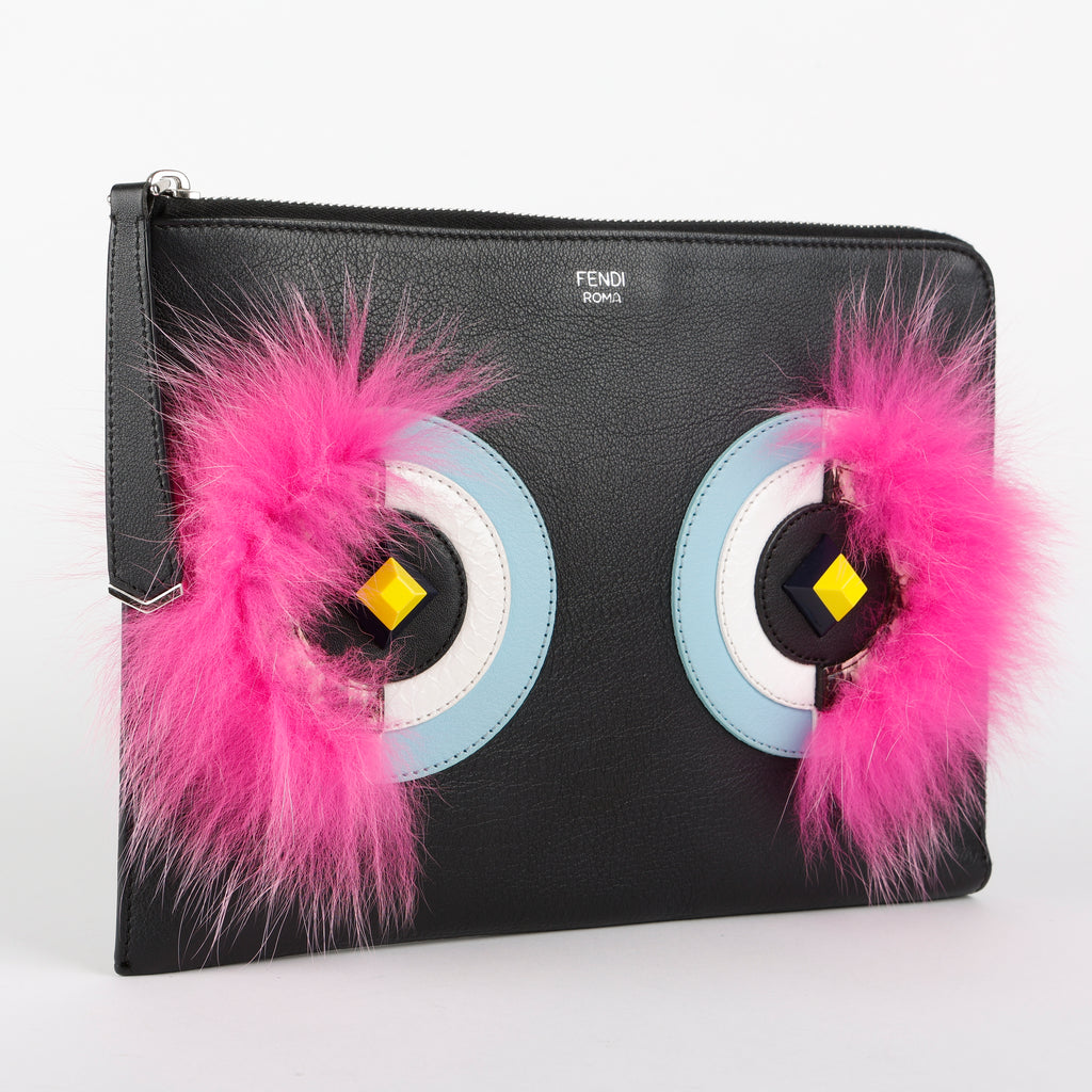 Monster Bug Eye Zip Clutch, Black/Muticolor/Snake Accents