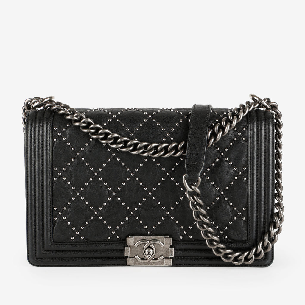 New Medium Studded Boy Bag, Black Crumpled Lambskin