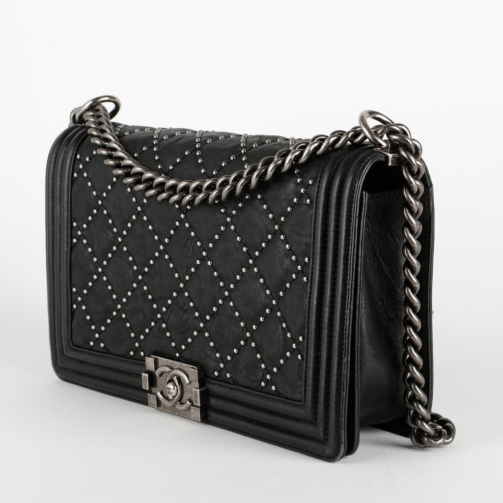 New Medium Studded Boy Bag, Black Crumpled Lambskin