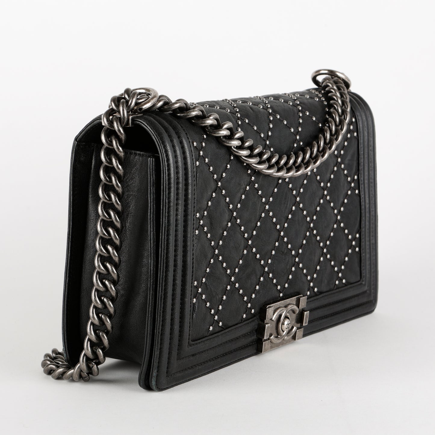 New Medium Studded Boy Bag, Black Crumpled Lambskin