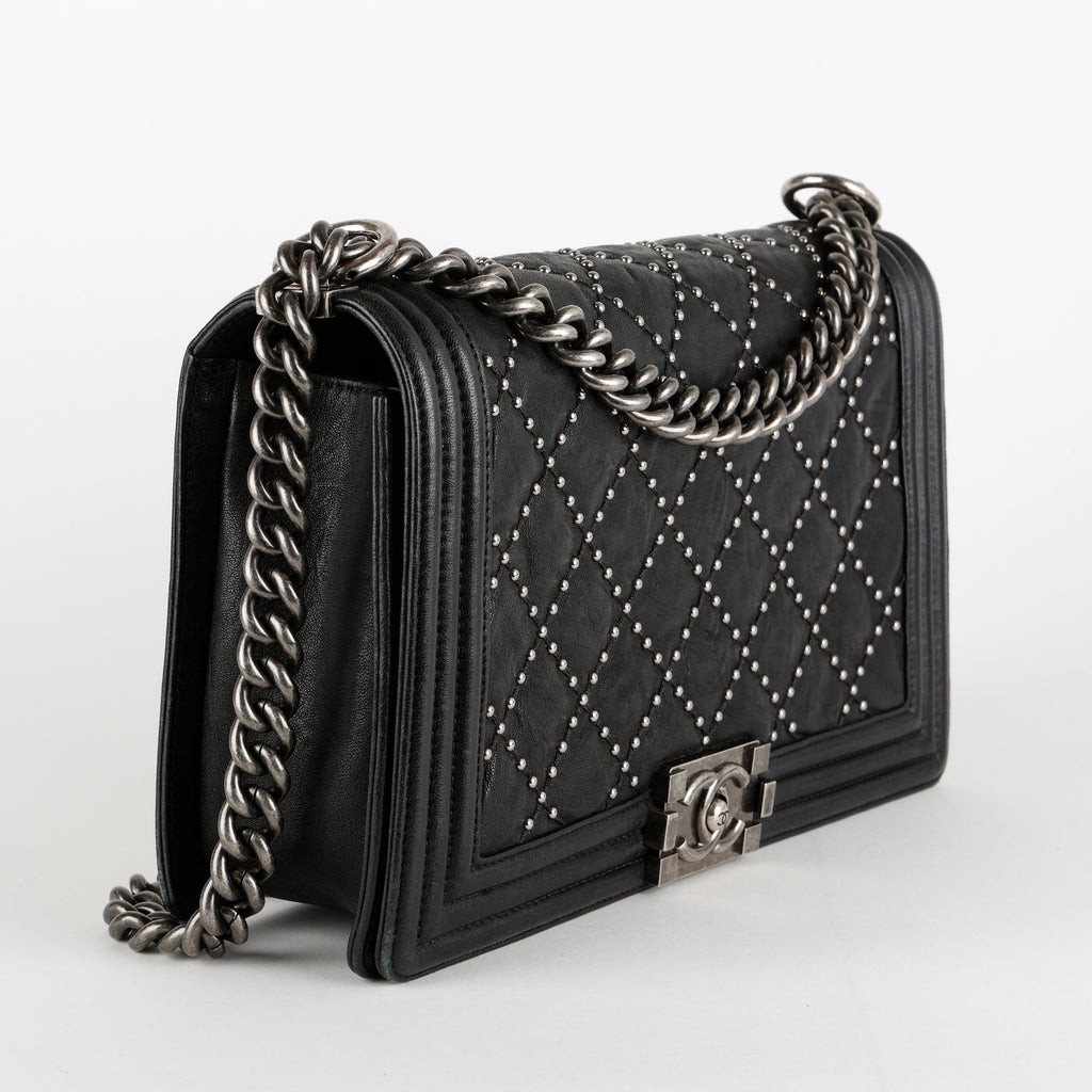 New Medium Studded Boy Bag, Black Crumpled Lambskin