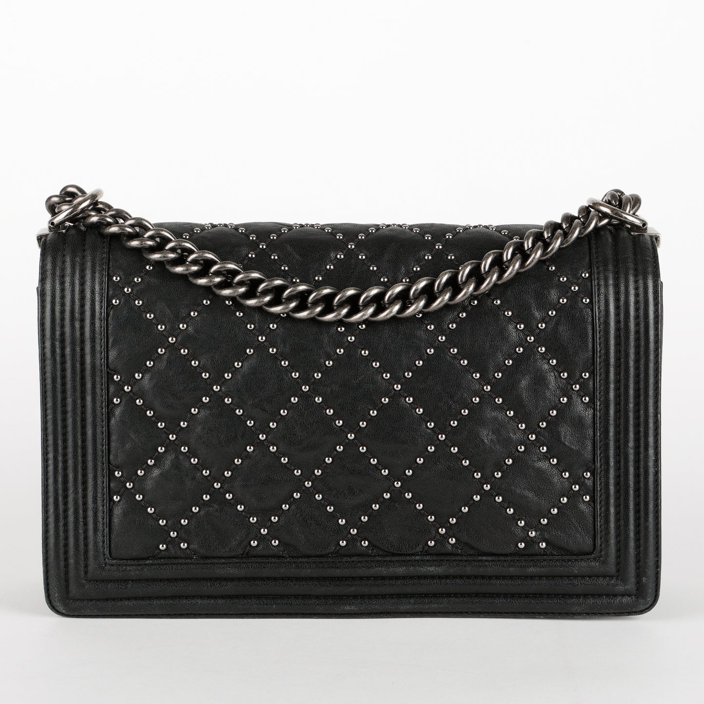 New Medium Studded Boy Bag, Black Crumpled Lambskin