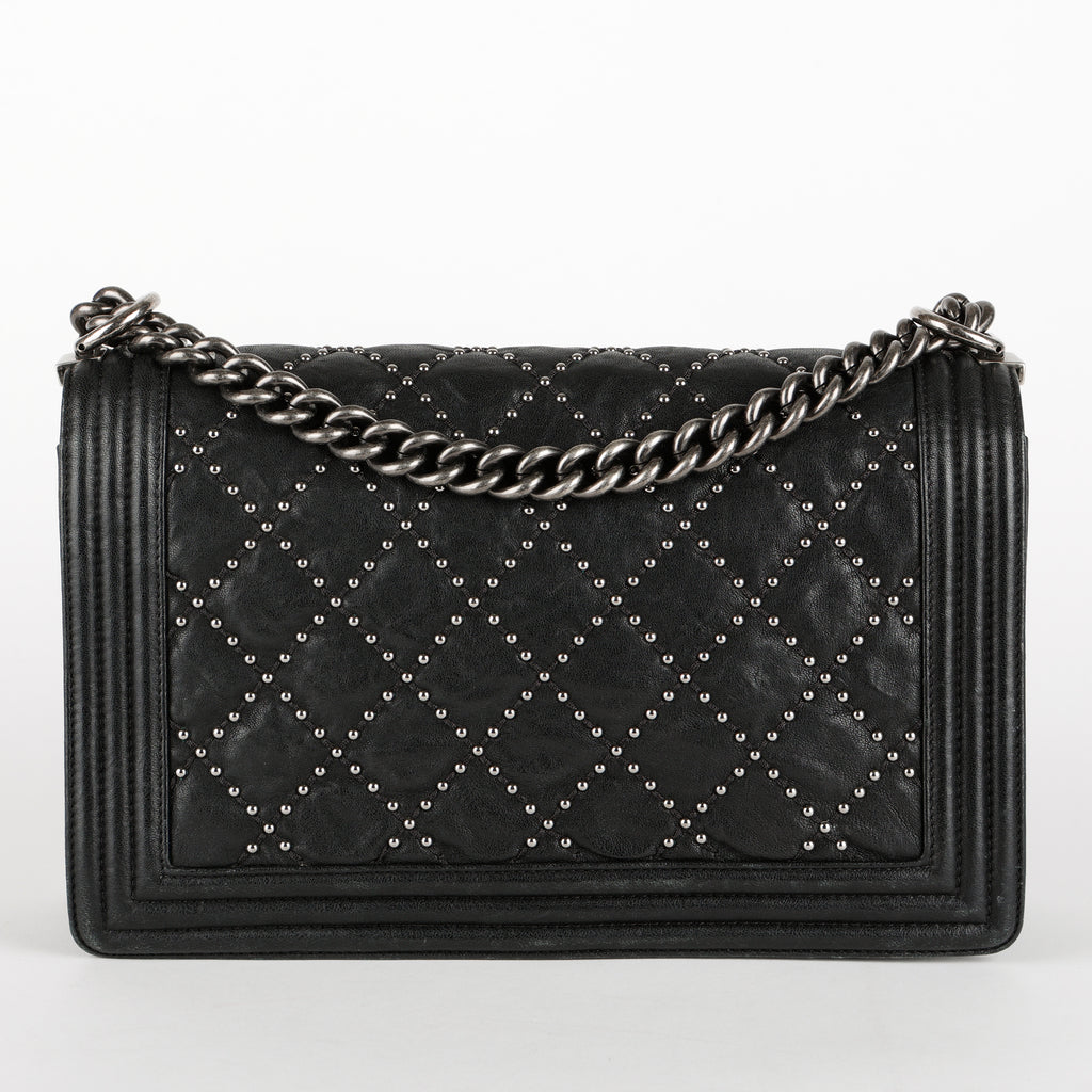New Medium Studded Boy Bag, Black Crumpled Lambskin