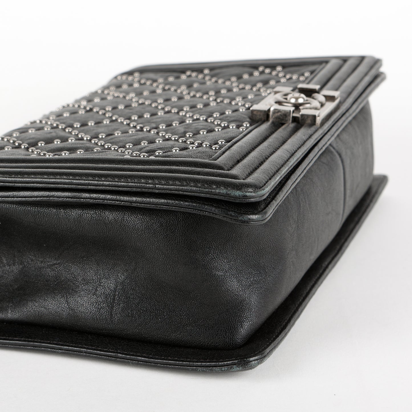 New Medium Studded Boy Bag, Black Crumpled Lambskin