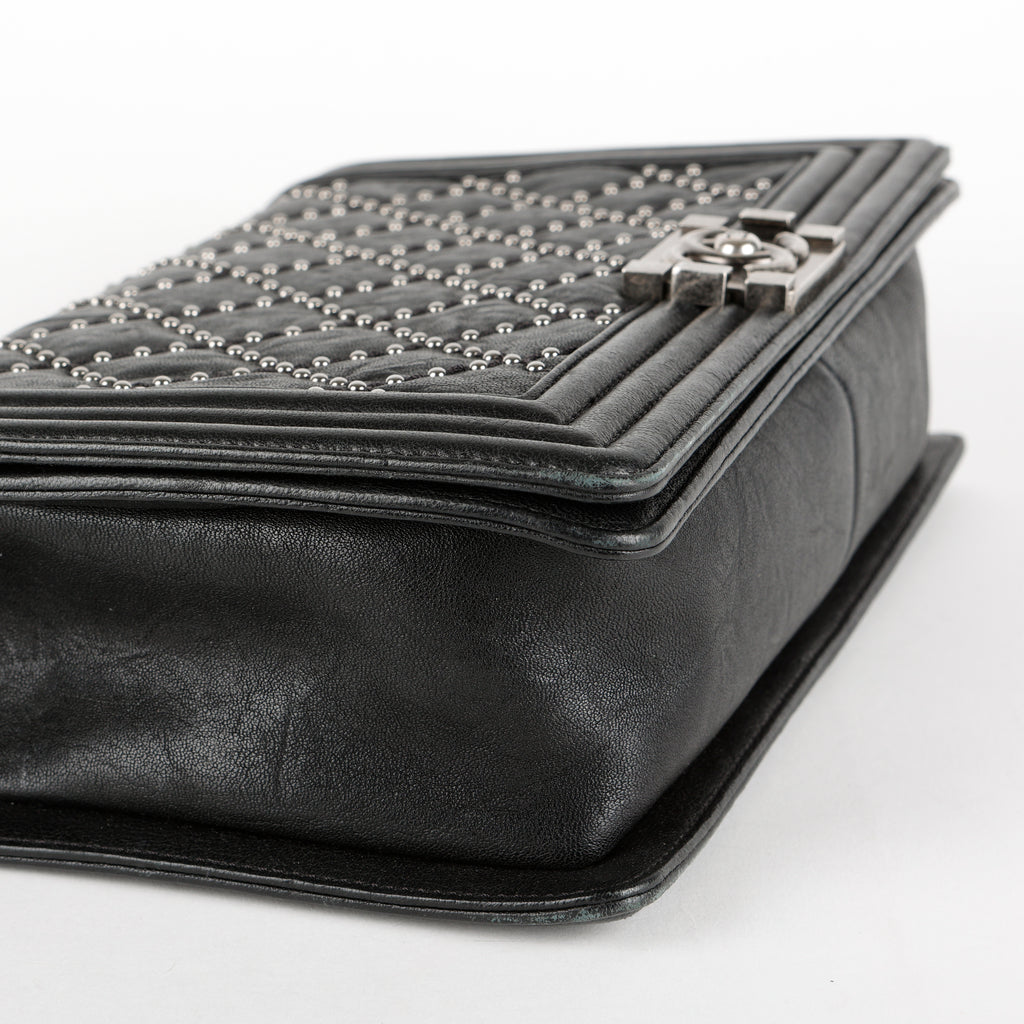 New Medium Studded Boy Bag, Black Crumpled Lambskin