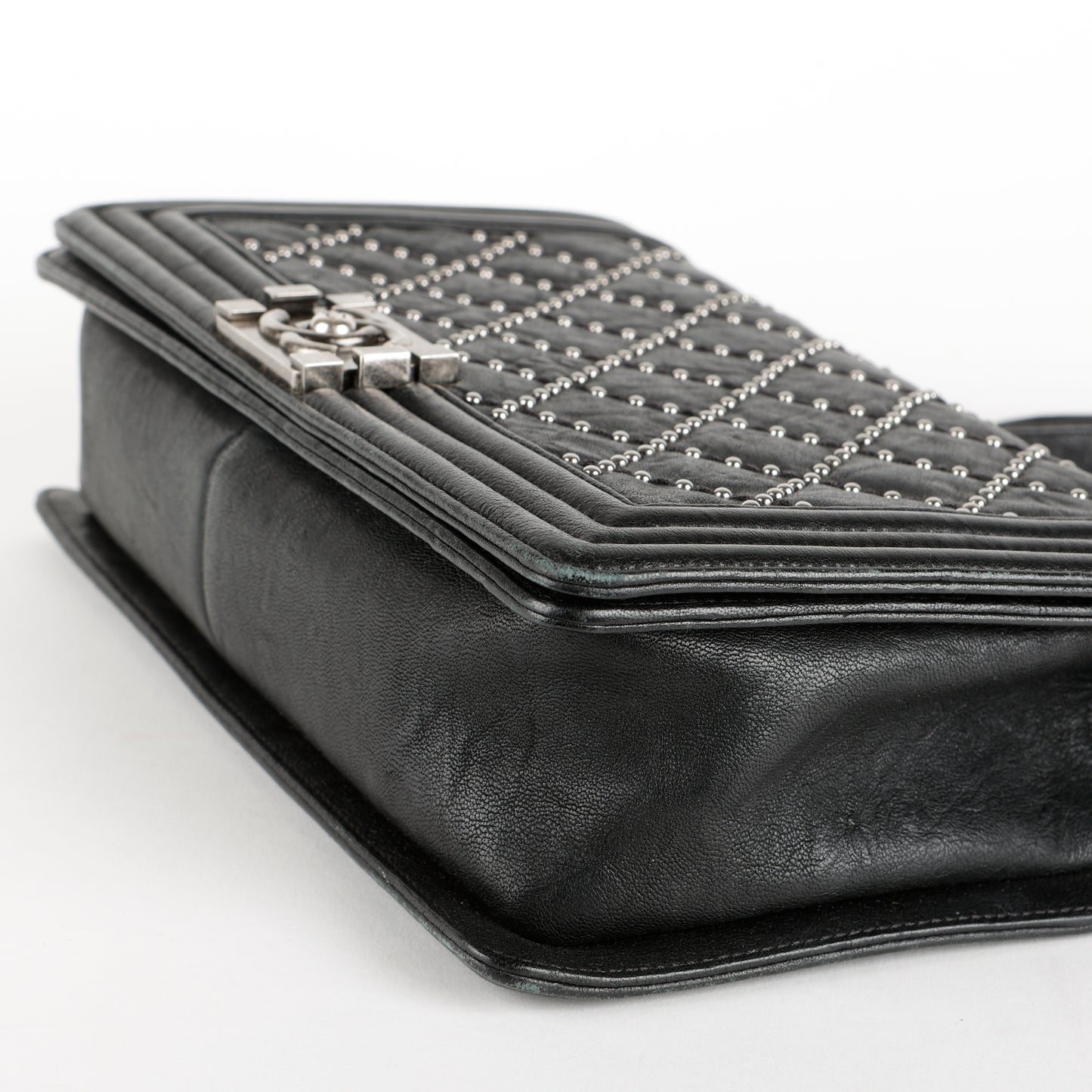 New Medium Studded Boy Bag, Black Crumpled Lambskin