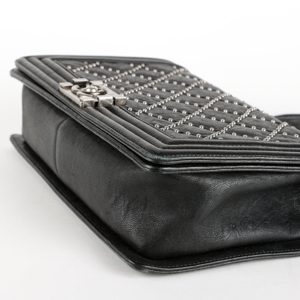 New Medium Studded Boy Bag, Black Crumpled Lambskin