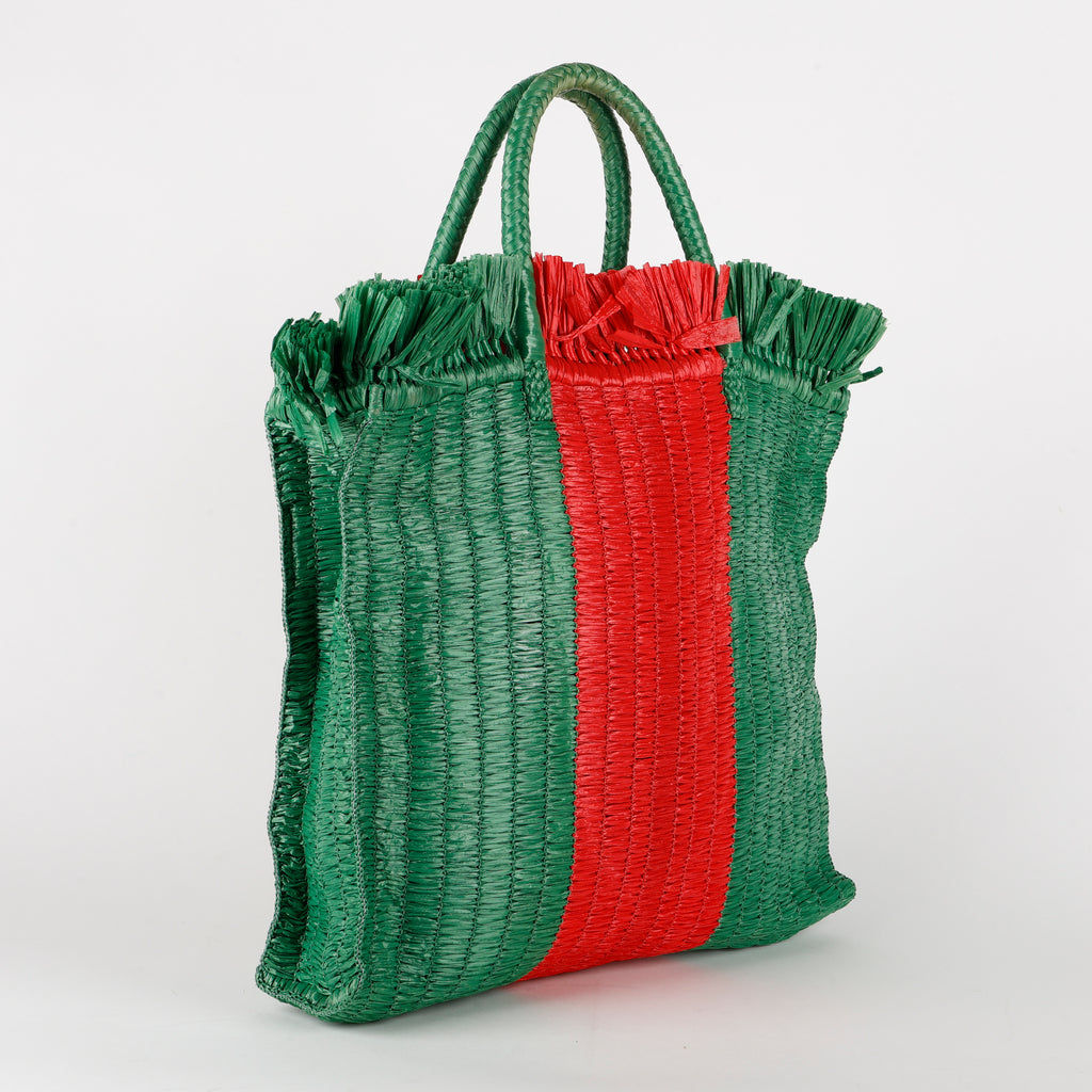 Web Cestino Tote, Green/Red Raffia