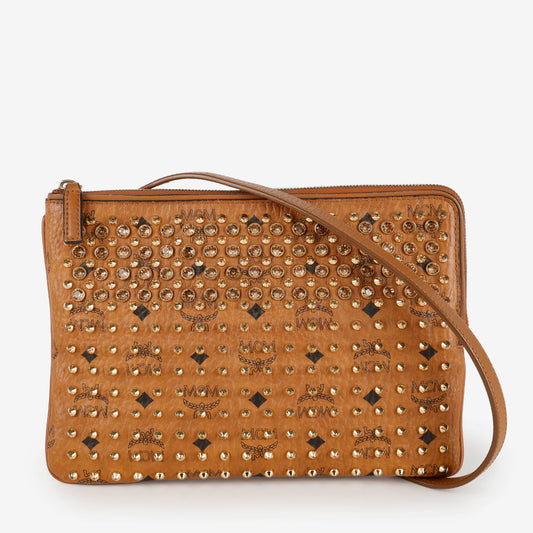 Medium Studded Visetos Pouch Crossbody, Cognac