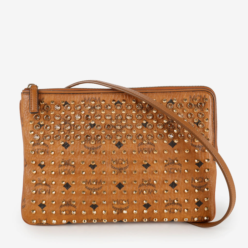 Medium Studded Visetos Pouch Crossbody, Cognac