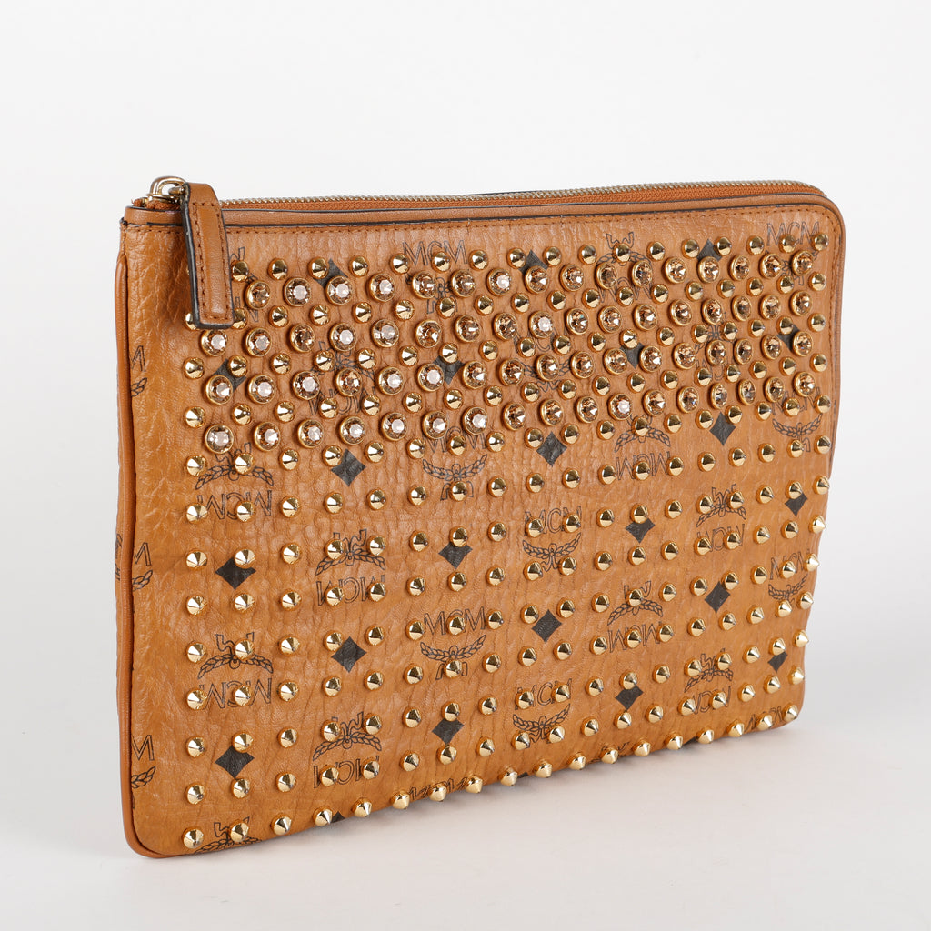 Medium Studded Visetos Pouch Crossbody, Cognac