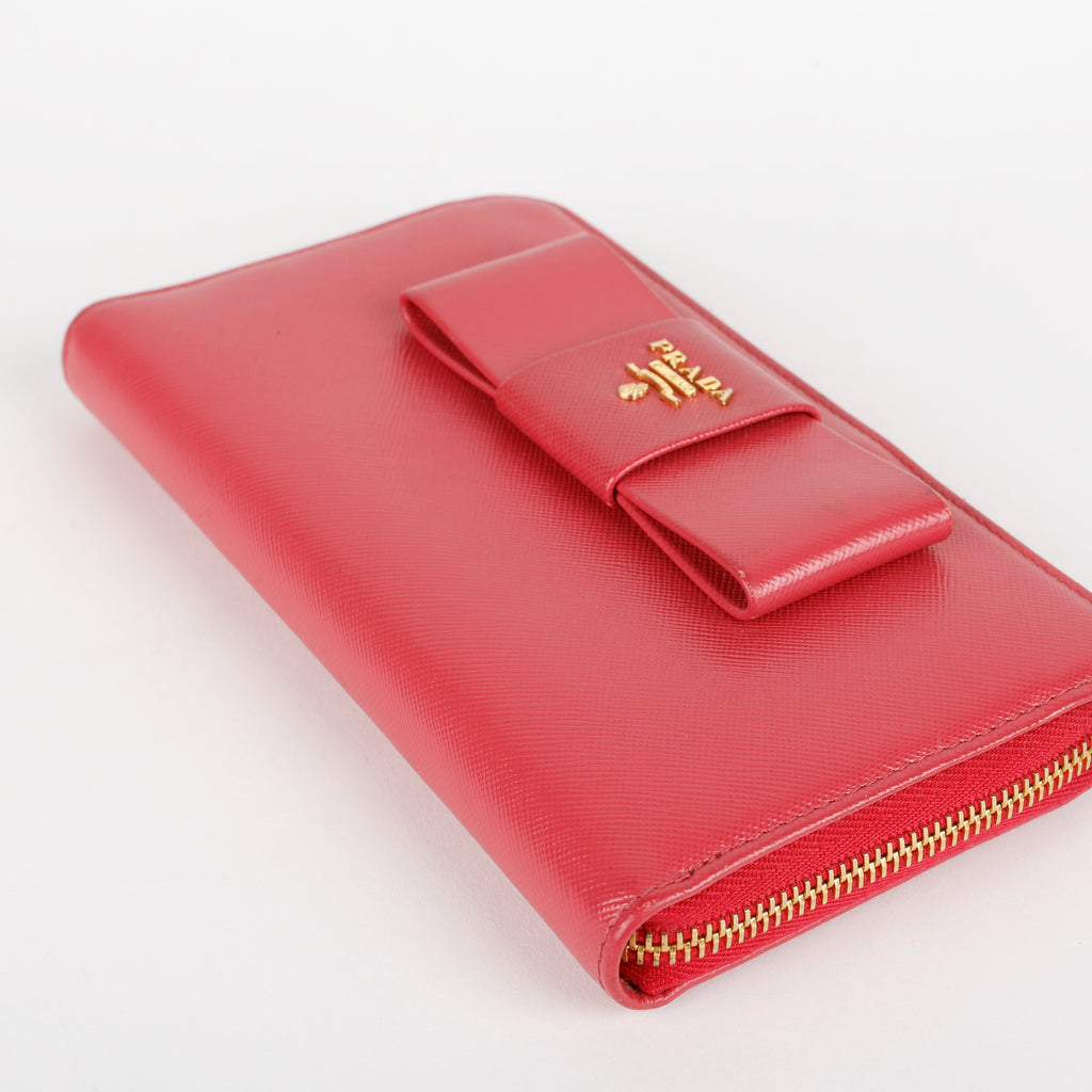 Large Fiocco Bow Continental Wallet, Fuchsia Saffiano