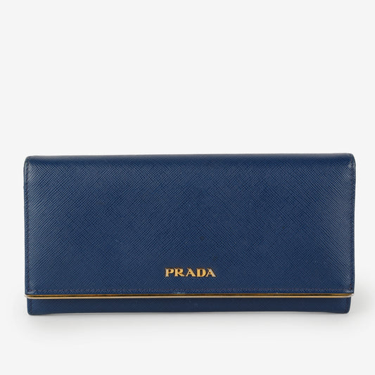 Metal Bar Continental Wallet, Blue Saffiano