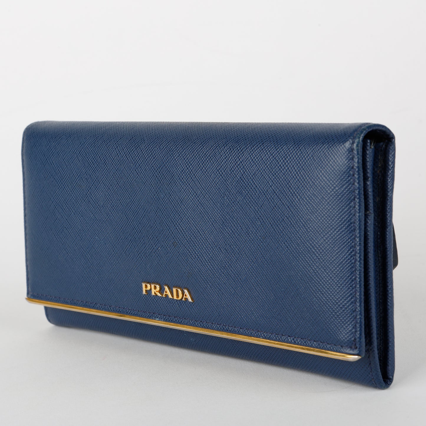 Metal Bar Continental Wallet, Blue Saffiano