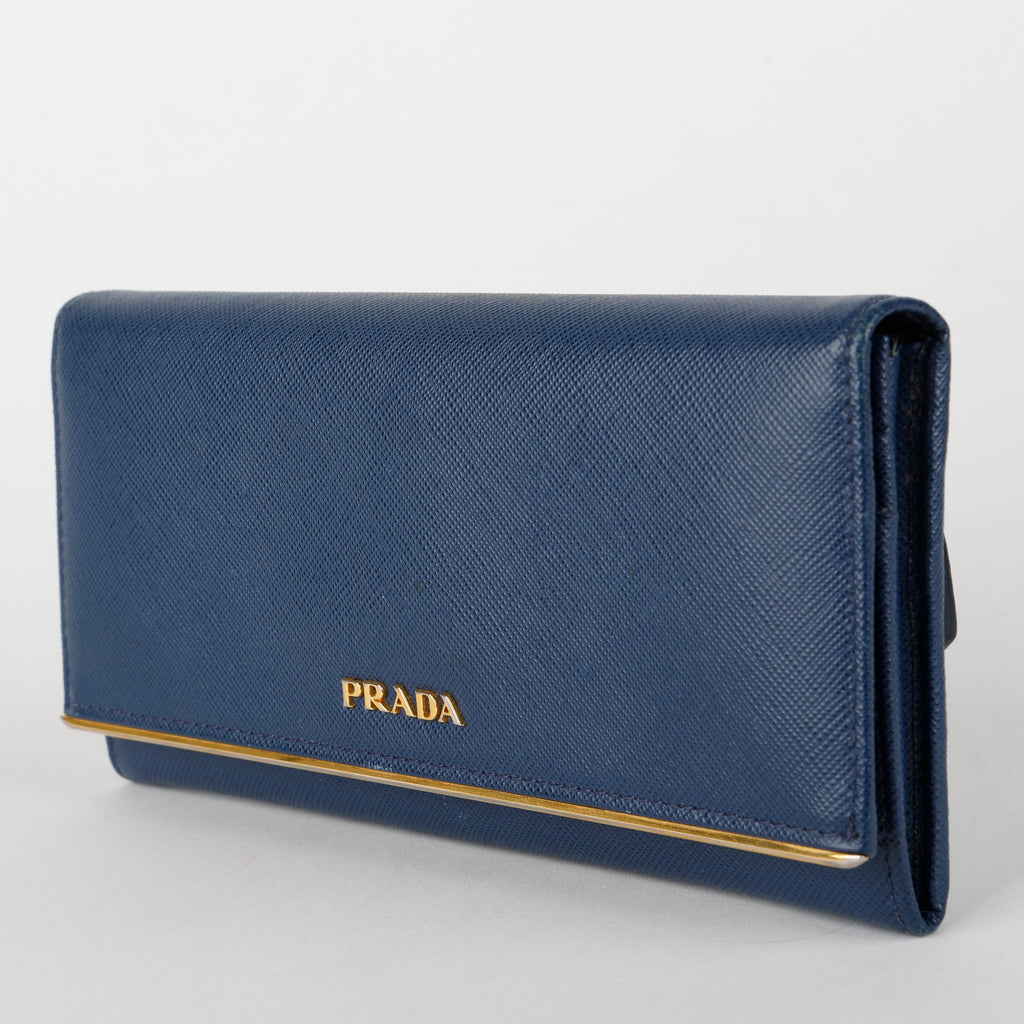 Metal Bar Continental Wallet, Blue Saffiano