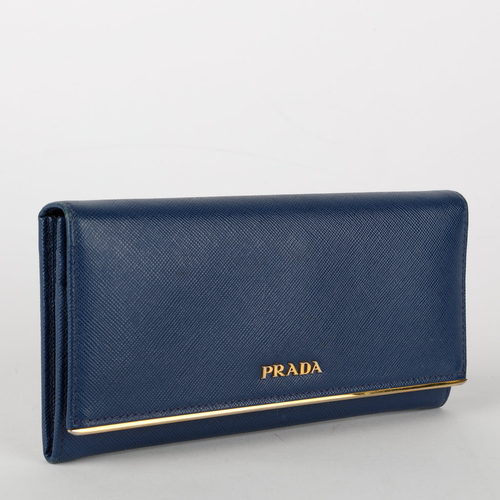 Metal Bar Continental Wallet, Blue Saffiano
