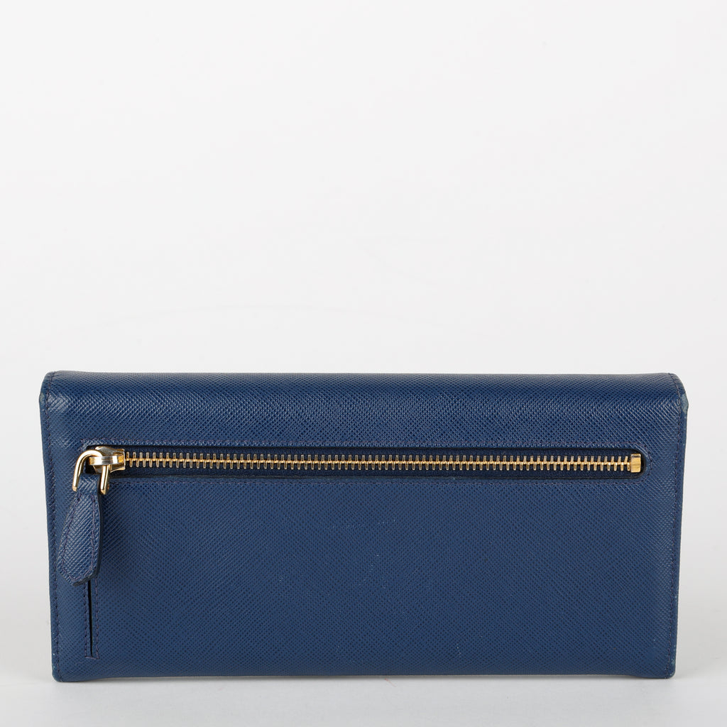 Metal Bar Continental Wallet, Blue Saffiano