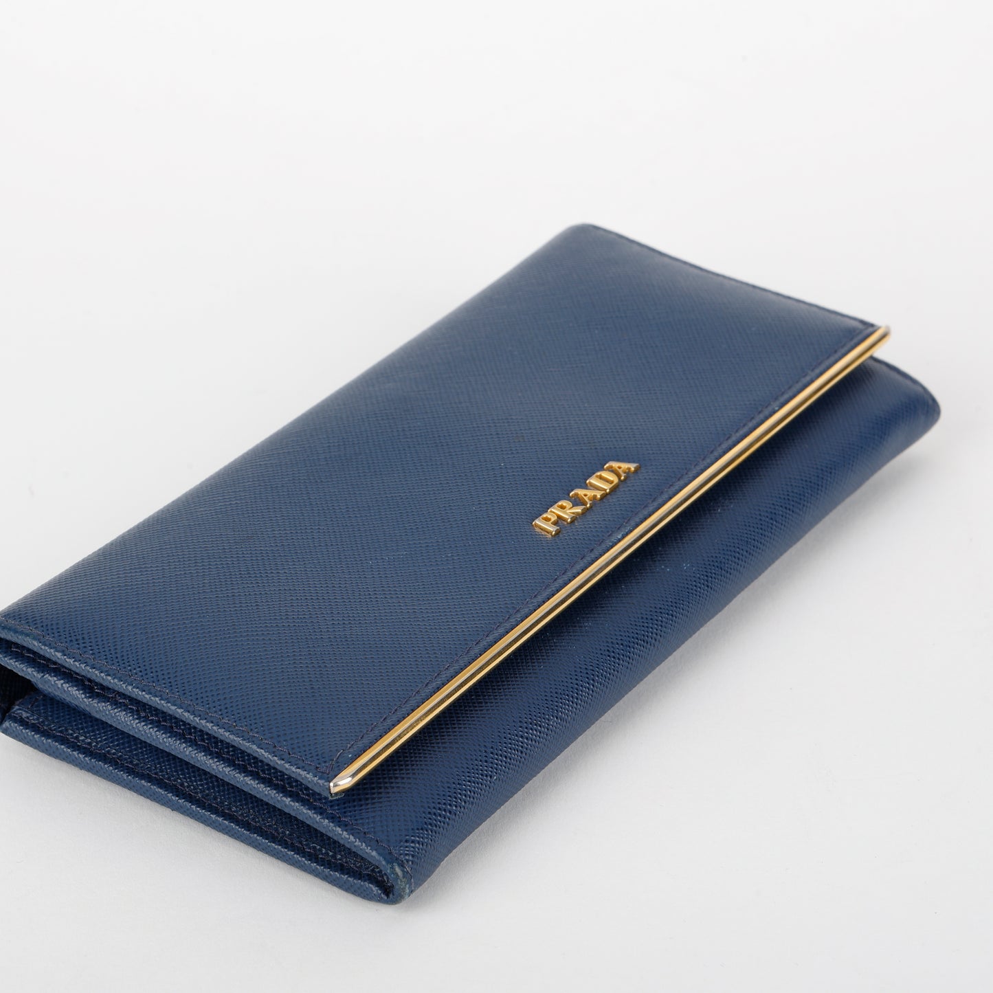 Metal Bar Continental Wallet, Blue Saffiano