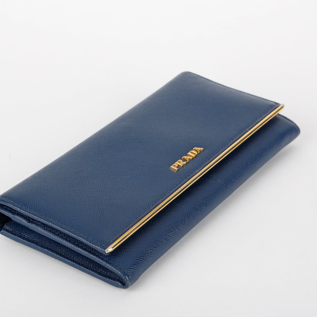 Metal Bar Continental Wallet, Blue Saffiano