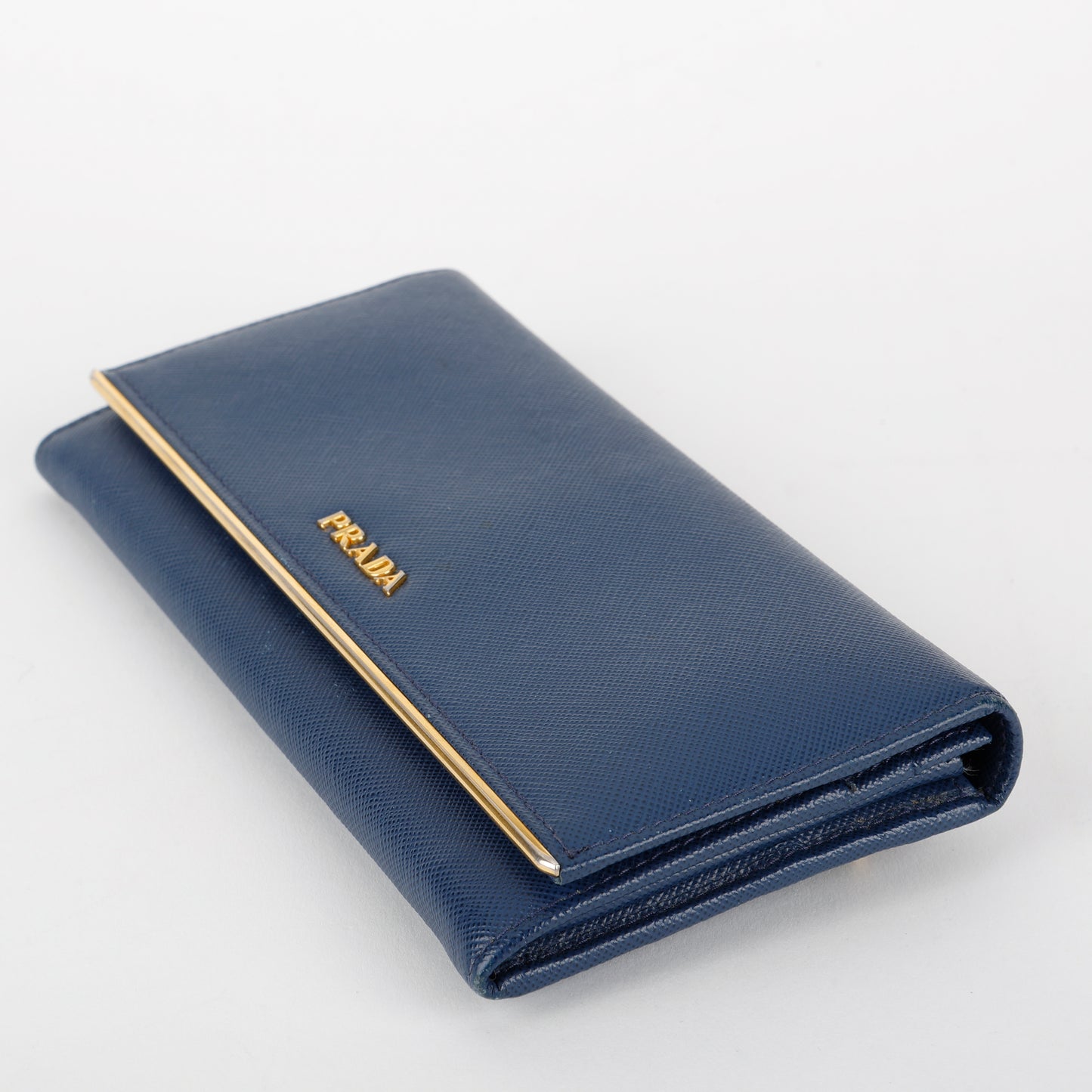 Metal Bar Continental Wallet, Blue Saffiano