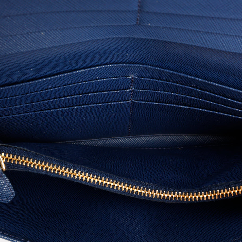 Metal Bar Continental Wallet, Blue Saffiano