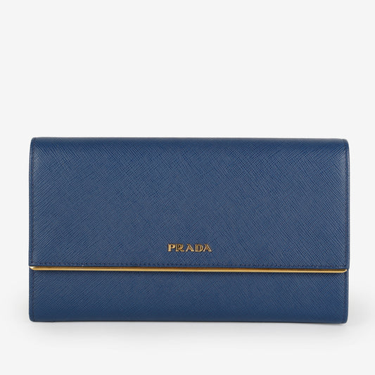 Metal Bar Continental Flap Wallet, Blue Saffiano