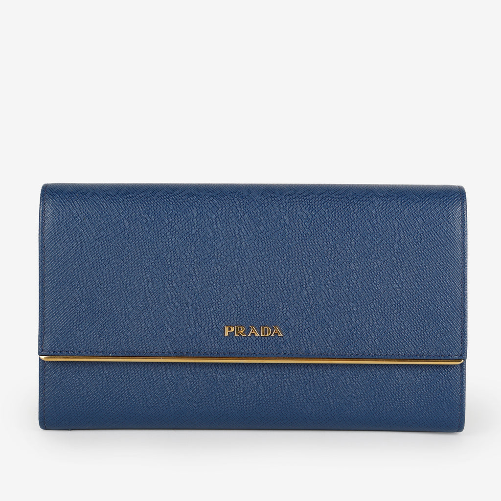 Metal Bar Continental Flap Wallet, Blue Saffiano