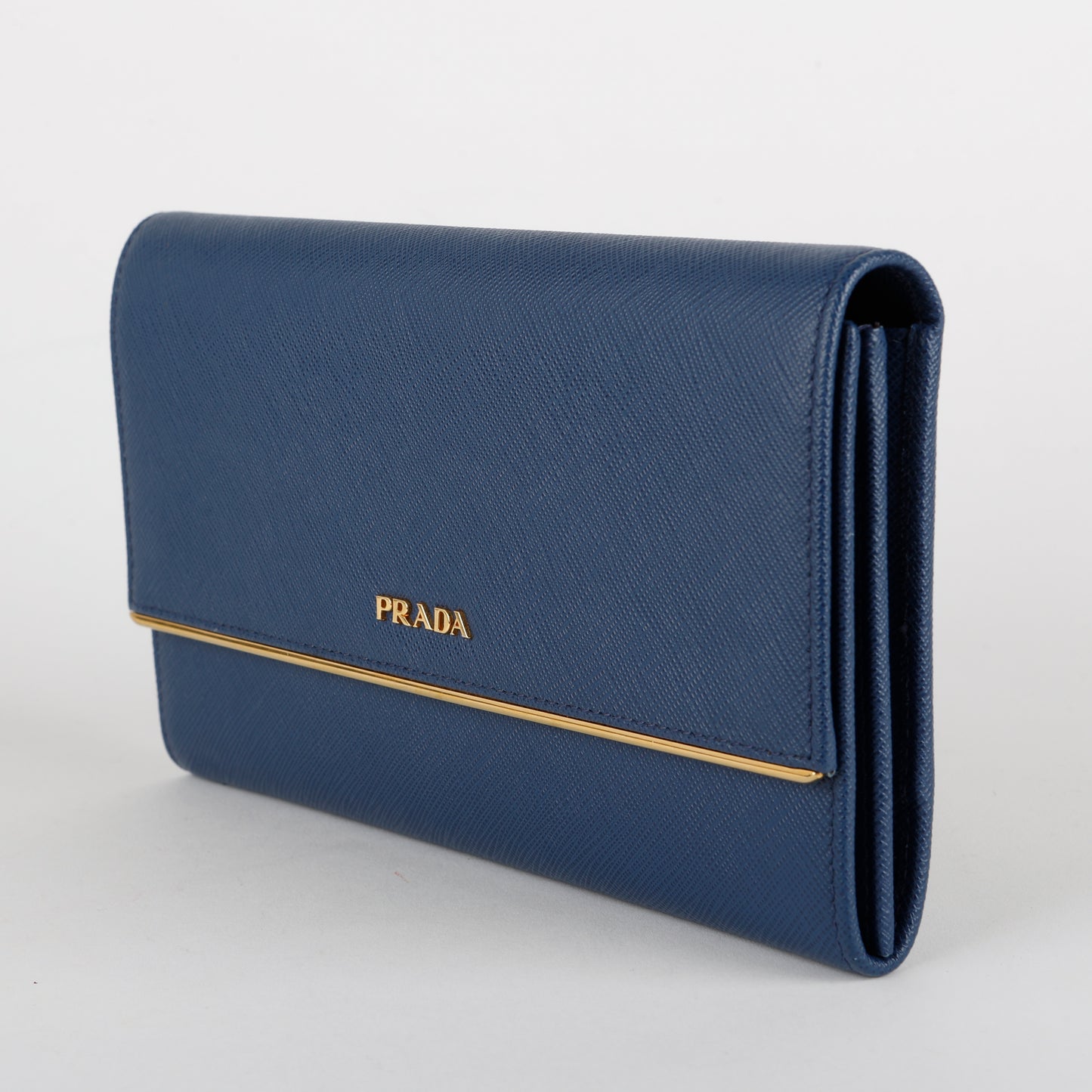 Metal Bar Continental Flap Wallet, Blue Saffiano
