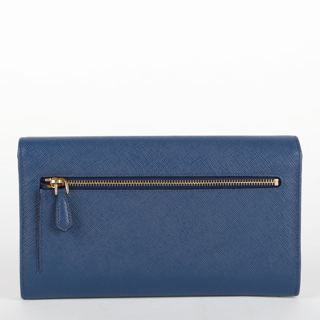 Metal Bar Continental Flap Wallet, Blue Saffiano