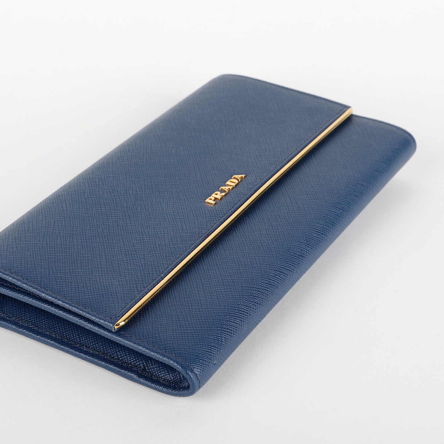 Metal Bar Continental Flap Wallet, Blue Saffiano