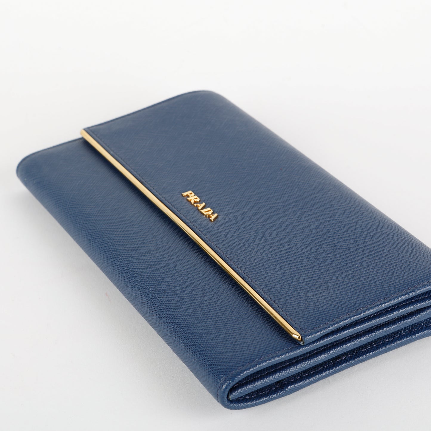 Metal Bar Continental Flap Wallet, Blue Saffiano