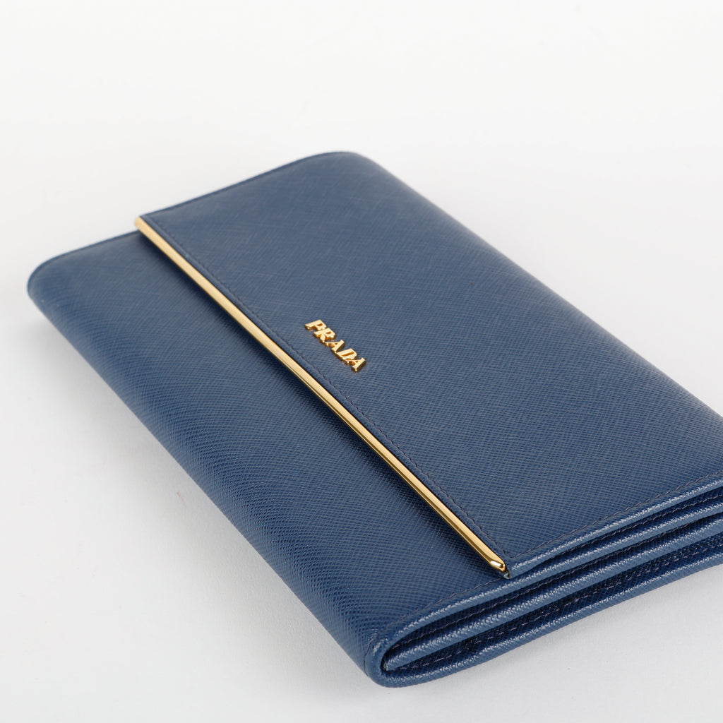 Metal Bar Continental Flap Wallet, Blue Saffiano