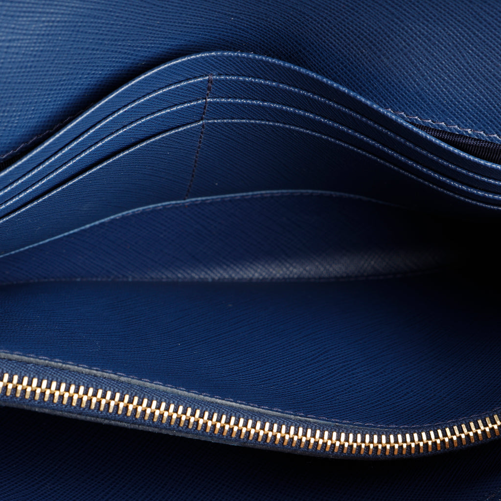 Metal Bar Continental Flap Wallet, Blue Saffiano