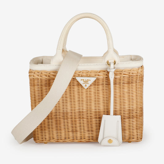 Medium 2 Way Tote, Wicker and Cream Linen Canvas