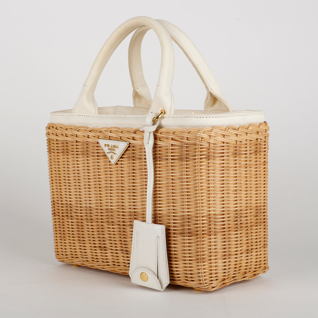 Medium 2 Way Tote, Wicker and Cream Linen Canvas