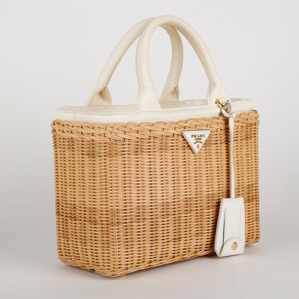 Medium 2 Way Tote, Wicker and Cream Linen Canvas