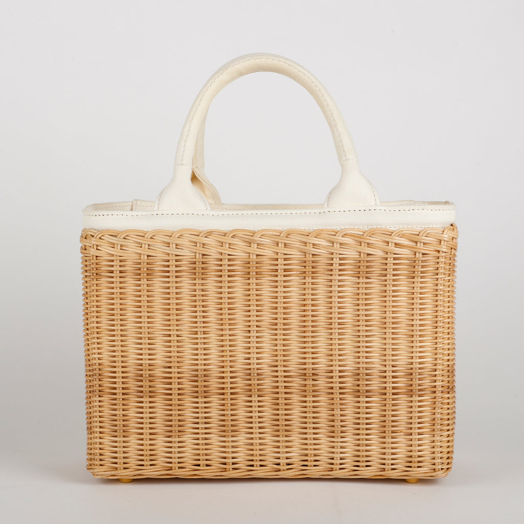 Medium 2 Way Tote, Wicker and Cream Linen Canvas