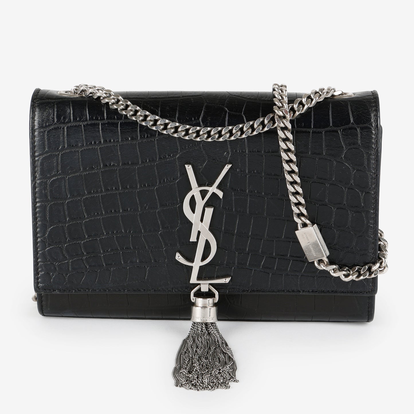 Small Kate Tassel, Black Croc Embossed