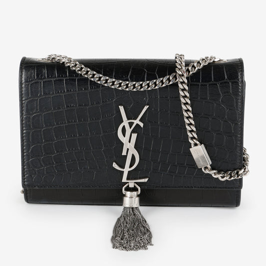 Small Kate Tassel, Black Croc Embossed