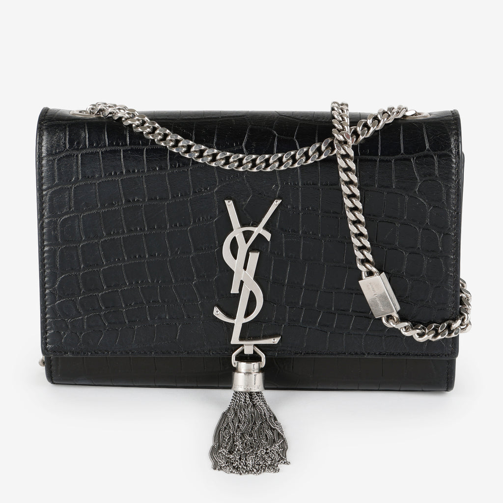 Small Kate Tassel, Black Croc Embossed
