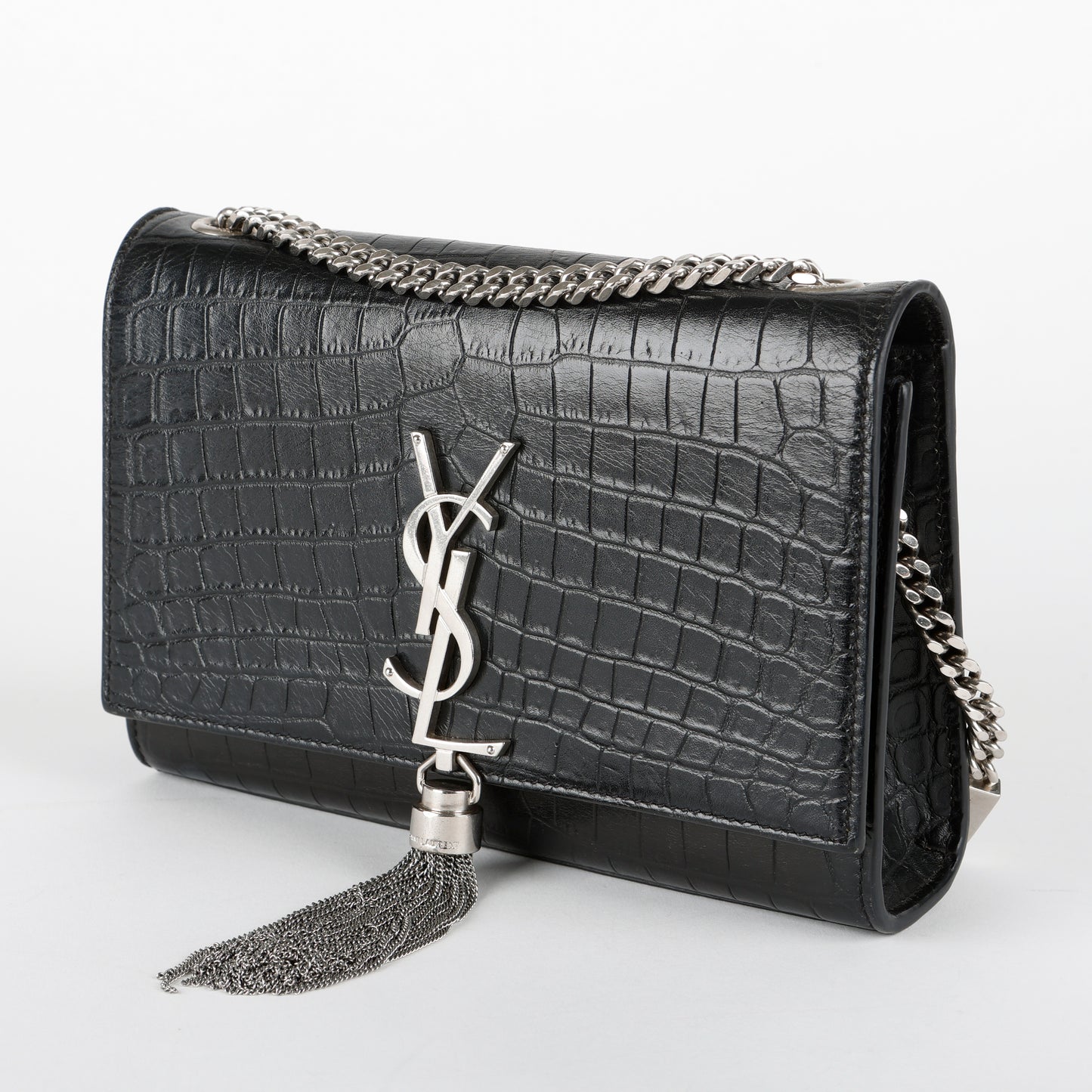 Small Kate Tassel, Black Croc Embossed