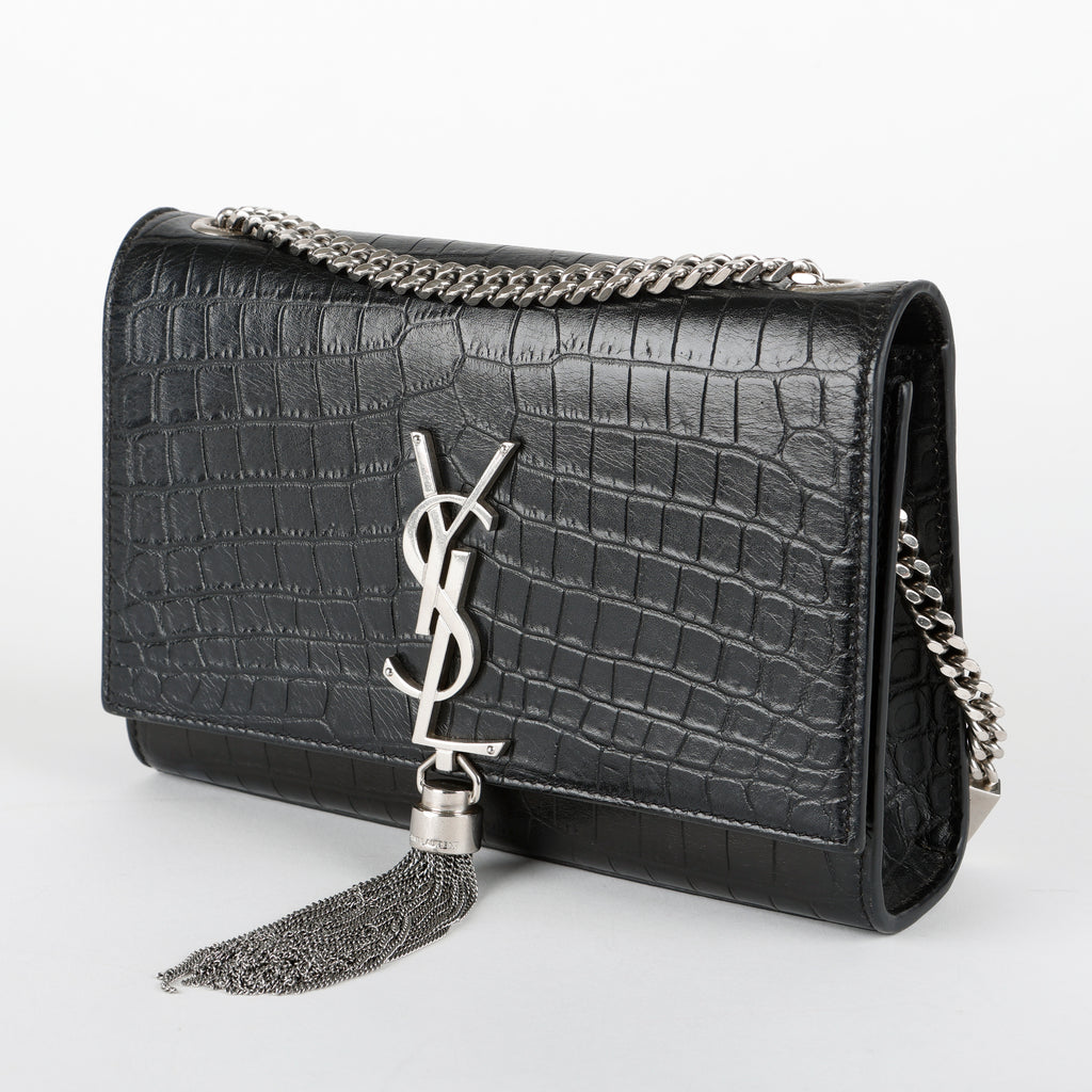 Small Kate Tassel, Black Croc Embossed