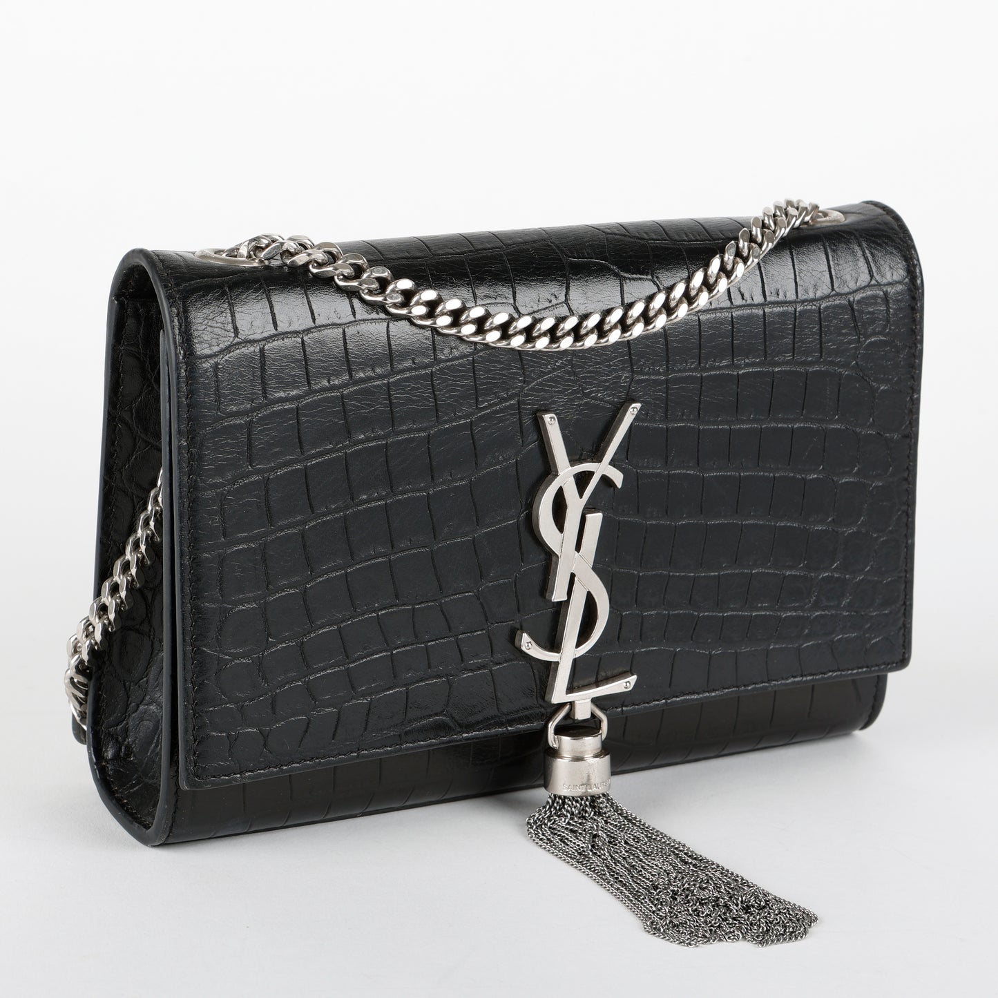 Small Kate Tassel, Black Croc Embossed