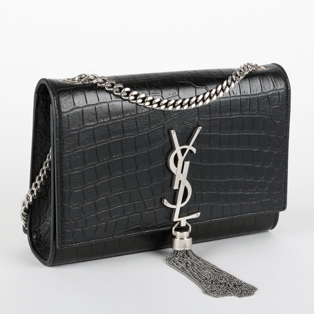Small Kate Tassel, Black Croc Embossed