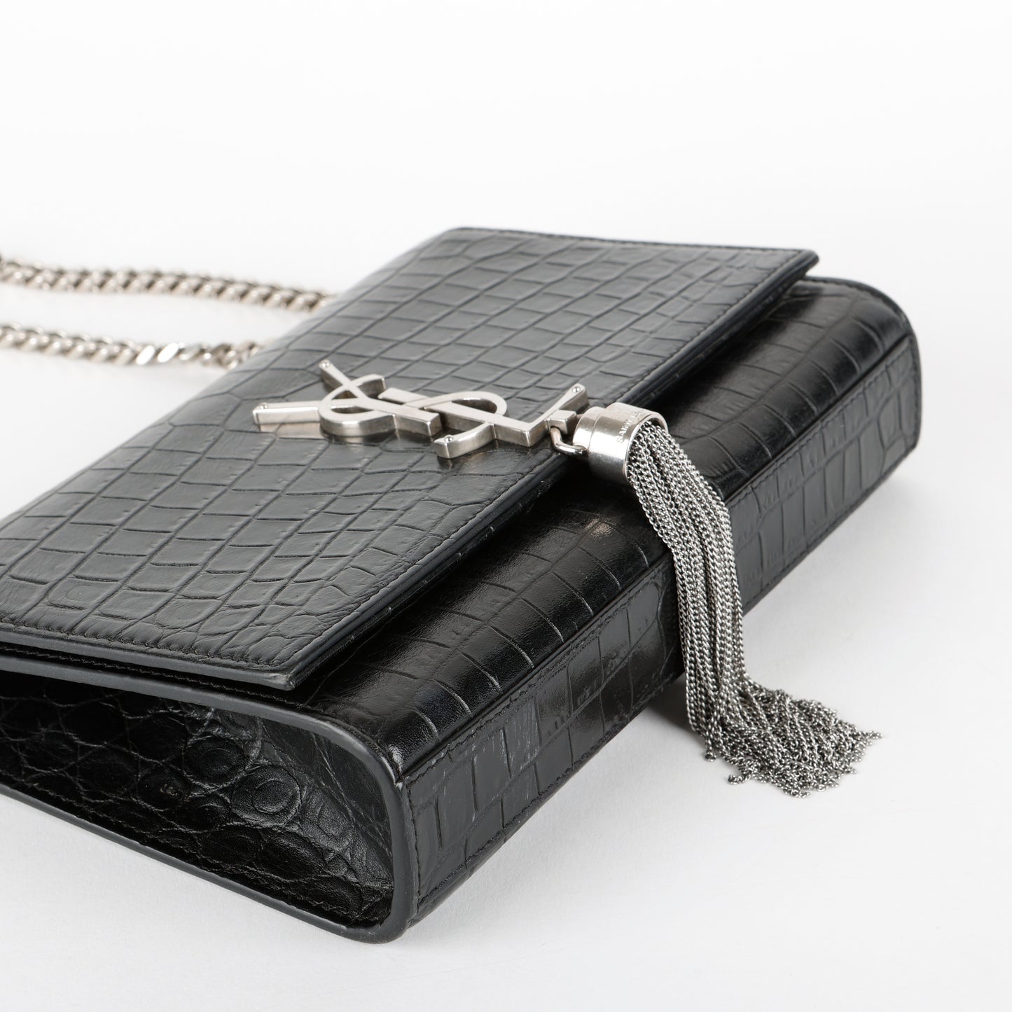 Small Kate Tassel, Black Croc Embossed