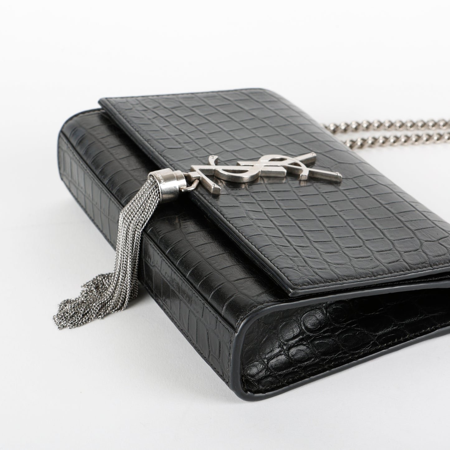 Small Kate Tassel, Black Croc Embossed